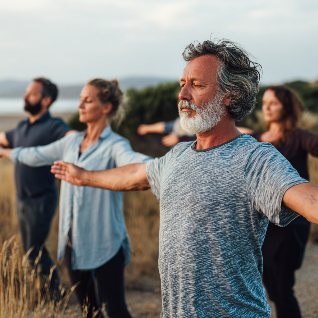 Group of middle-aged adults in peaceful natural environment practicing mindful movement