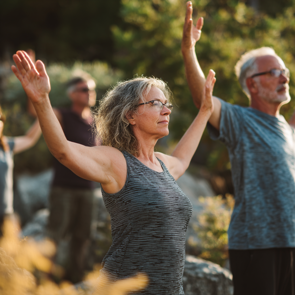 Middle-aged adults practicing gentle movement exercises in natural outdoor setting