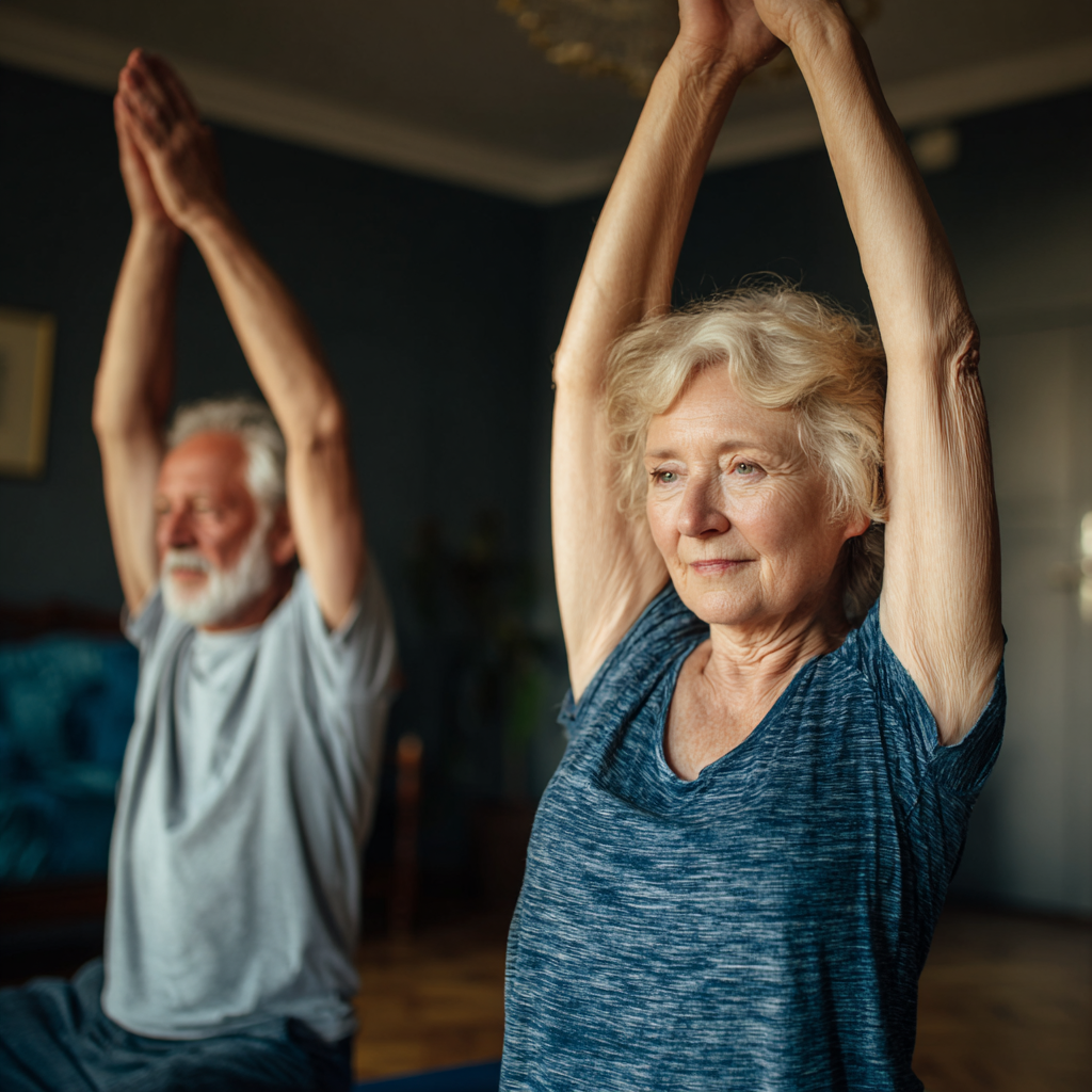 Older adults engaging in gentle stretching exercises at home